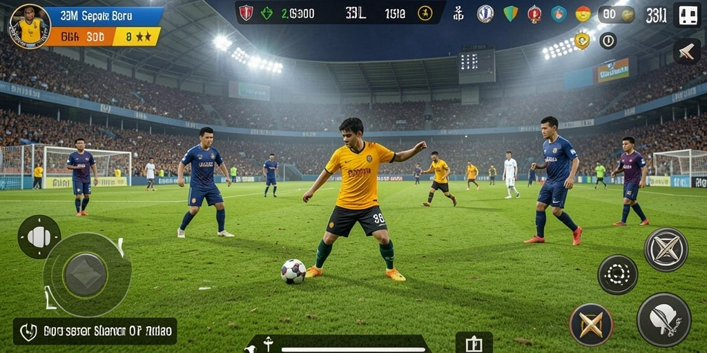Screenshot gameplay 33L yang menunjukkan aksi pertandingan sepak bola.