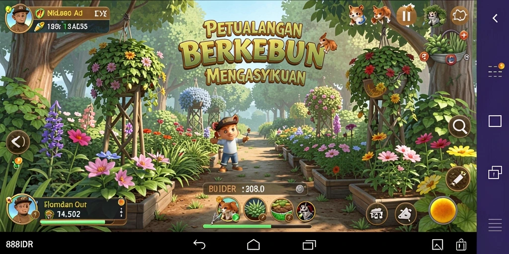 Tangkapan layar gameplay 888IDR yang menunjukkan kebun yang penuh warna.