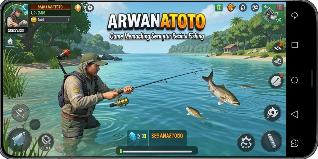 Tampilan gameplay ARWANATOTO yang menawan saat memancing di lautan.