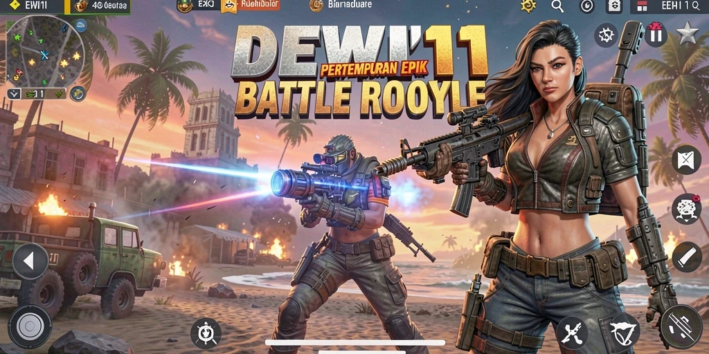 Gambaran permainan DEWI11 dalam pertempuran Battle Royale yang mengesankan.