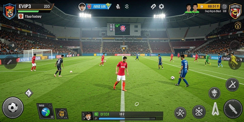 Screenshot gameplay EVIP3 menampilkan aksi seru di lapangan sepak bola.