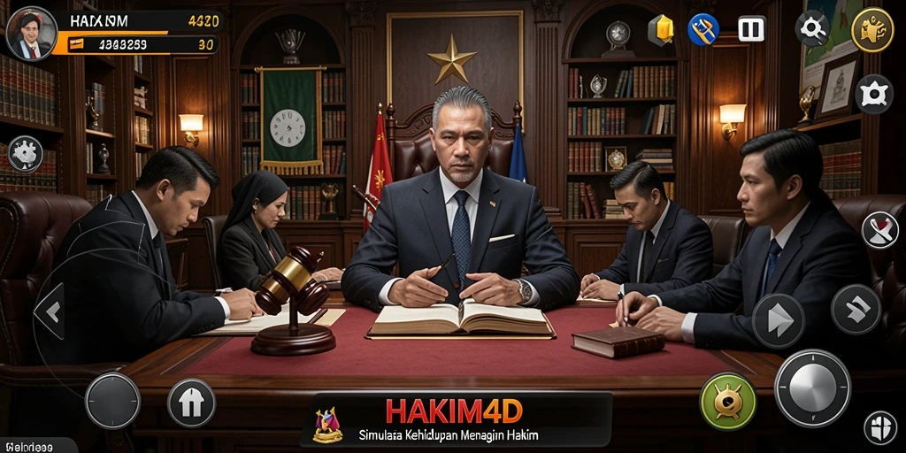 Tampilan gameplay HAKIM4D dengan karakter hakim dan kasus hukum.