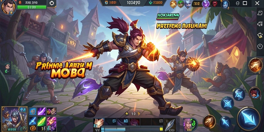 Screenshot HOKIARENA menampilkan aksi pertempuran dinamis di arena MOBA.