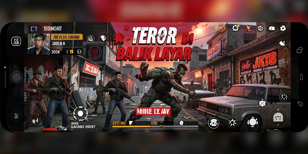 Screenshot utama JKT8 menunjukkan karakter utama menghadapi kegelapan.