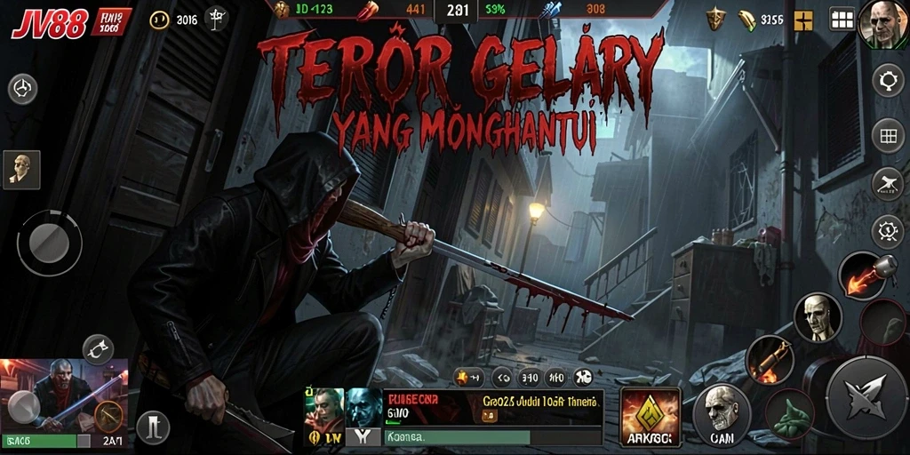 Tampilan gameplay JV88 dengan suasana horor yang mencekam.