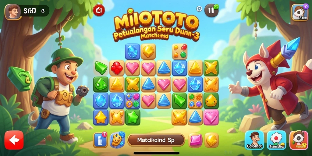Screenshot utama MIOTOTO menampilkan gameplay Match-3 yang seru dan penuh warna.