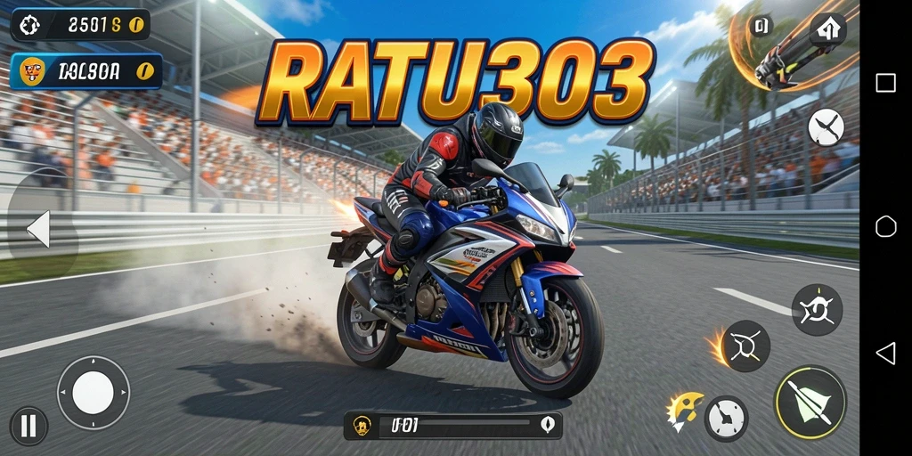 Screenshot gameplay <strong>RATU303</strong> menampilkan balapan motor yang seru dan kompetitif.