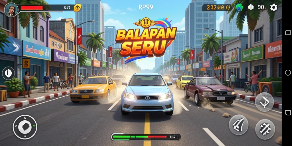 Tampilan gameplay RP99 menampilkan balapan seru yang mendebarkan.