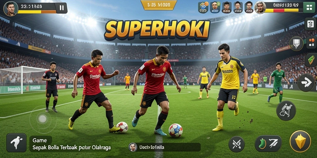 Tampilan gameplay SUPERHOKI yang mendebarkan di lapangan sepak bola.