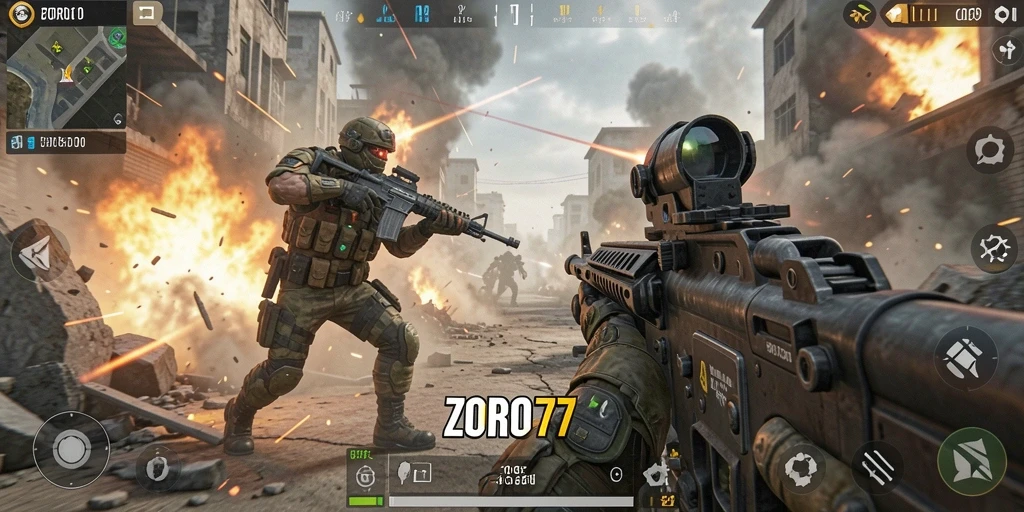 Screenshot ZORO77 menampilkan aksi tembak-menembak yang epik di arena FPS.